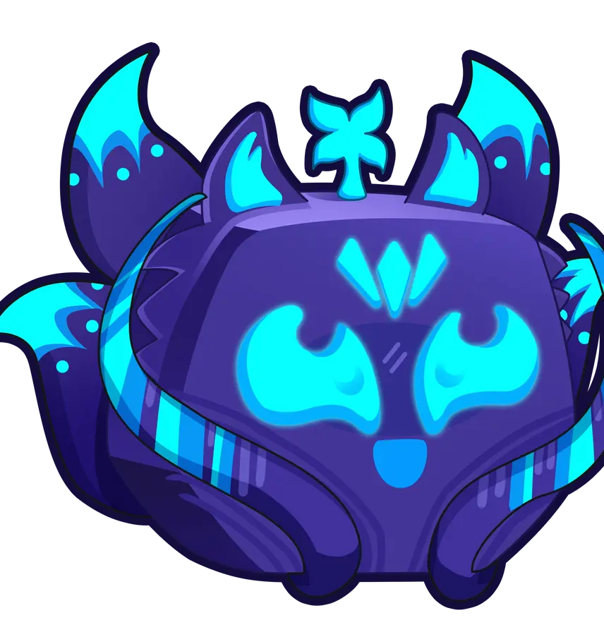 The Kitsune fruit from Blox Fruits, a blue fox-shaped fruit with glowing tails